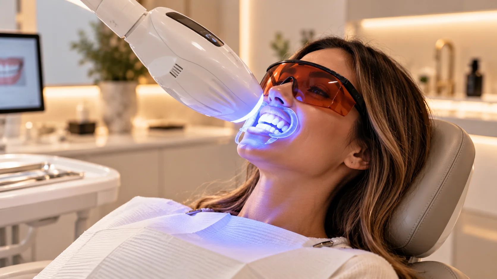 Imagen ilustrativa de un tratamiento de blanqueamiento dental en clínica