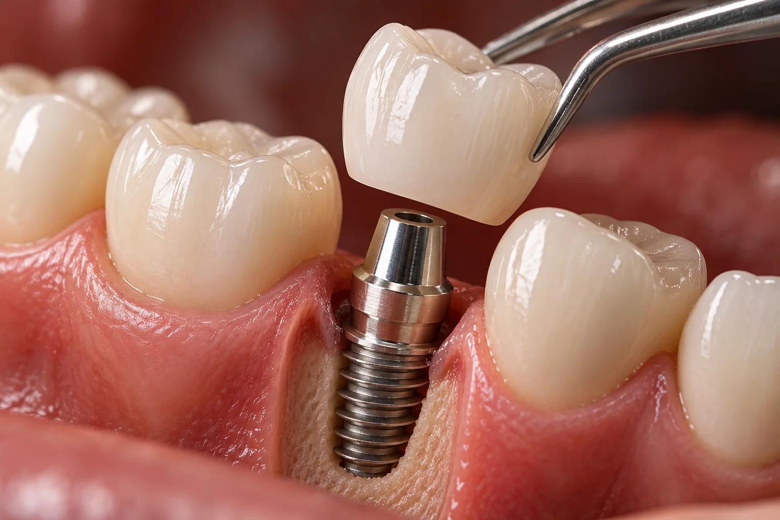 Ilustración de una corona dental colocada sobre un implante